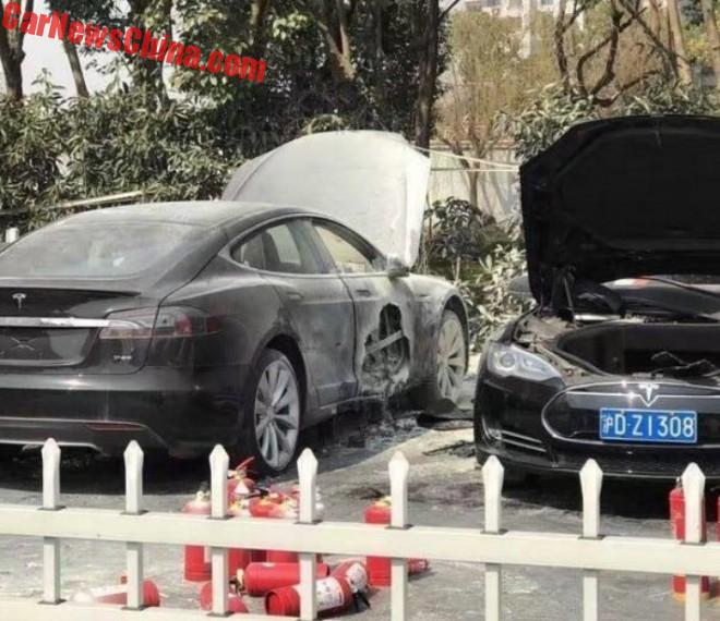 Two Tesla Model S On Fire At Super Charger Station In Shanghai, China